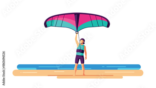 Wing foiling summer adventure at the beach in vibrant flat design