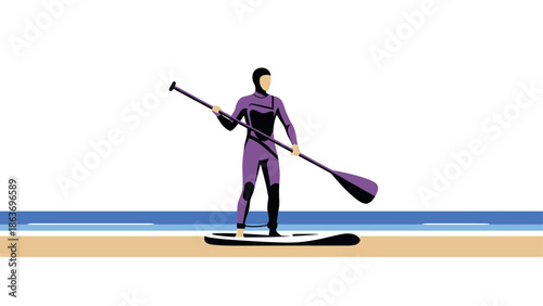 Minimalist paddleboarding adventure in vibrant colors on a serene beach