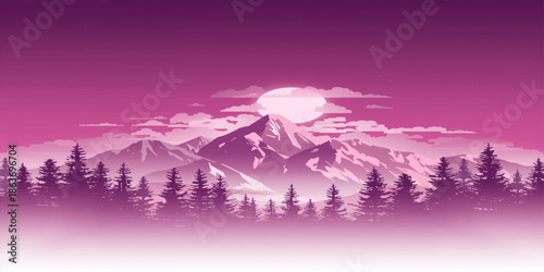 A breathtaking sunset glows over a misty winter mountain landscape as the evening sun casts golden light across the blue peaks and clouds