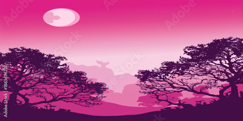 Beautiful night landscape featuring a glowing moon and a tree silhouette against a colorful evening sky with clouds