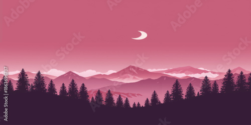 A breathtaking panorama of the misty mountain landscape captures the natural beauty of the sun glowing over the horizon during a serene sunrise and sunset in the snow-covered forest hills