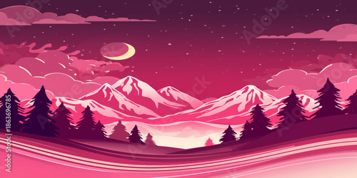 Vector illustration of a winter landscape with snow-covered mountains under a blue sky at sunset with trees and clouds for a Christmas nature scene