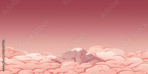 Pink background with hearts and flowers creates a summer vector illustration of a sunset over mountain peaks and the sea with orange clouds during a nature scene
