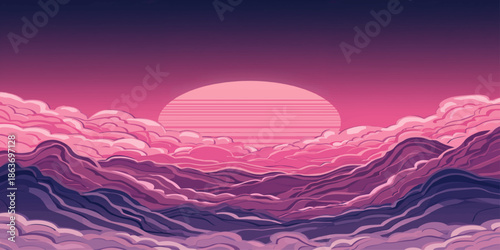 Beautiful abstract nature landscape featuring a 3d illustration of a summer sunset sky with clouds and sun reflecting over the blue sea waves and ocean horizon