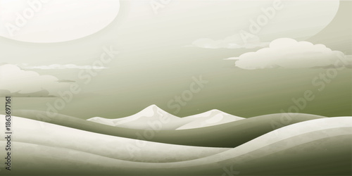 Vector illustration of a serene mountain landscape featuring snowy hills and a desert horizon under a cloudy sunset sky with the sun reflecting over distant water