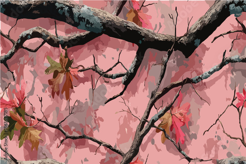 Pink camo background with brown oak tree branches and leaves in the foreground.Vector hunting camouflage seamless pattern design. Camouflage background. Deer hunting, forest, jungle texture. Realistic