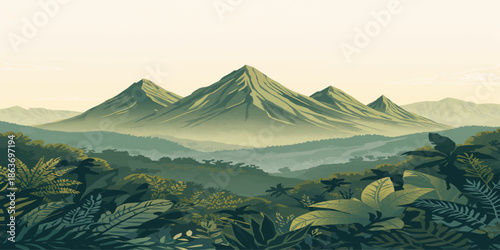 A panoramic mountain landscape view of a snow-capped volcano peak in Japan or Kamchatka with clouds and fog over a forest lake under a natural sky