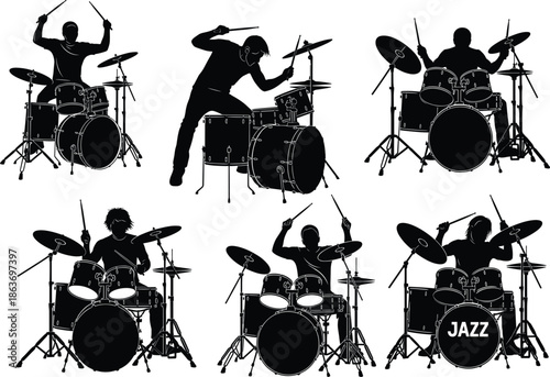 Dynamic Silhouettes of Drummers in 

Energetic 

Musicians Playing Drum Kits in Rhythmic Poses

Silhouettes of Drummers Showcasing Unique Styles