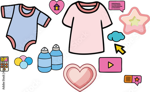 Colorful baby clothes and nursery rhymes icons