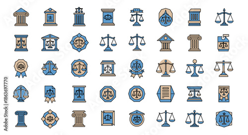 Icon set representing law and justice includes various scales of balance, courtroom pillars, and legal symbols in blue and tan colors.
