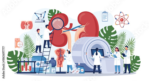 Medical illustration shows tiny doctors examining giant human kidneys with a magnifying glass and scanners to highlight healthcare topics.
