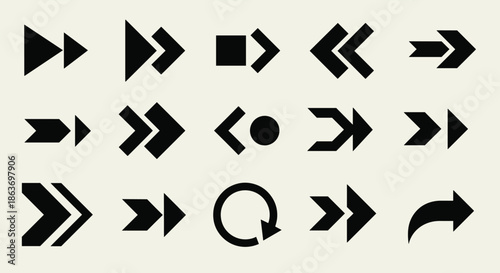 Minimalist set of fifteen black geometric arrow symbols provides a variety of navigational icons for modern interface and web designs.