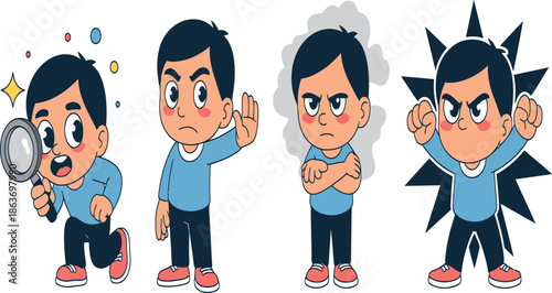 Cartoon Young Boy Emotions Set with Curiosity Disapproval Frustration and Anger Illustration