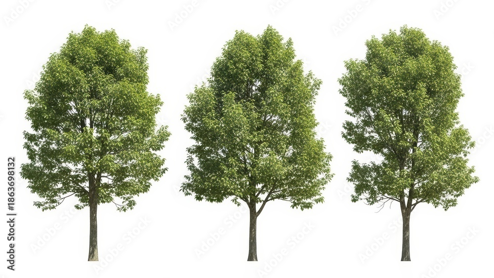 Fototapeta premium Three Green Trees on White Background, Isolated, Nature, Summer