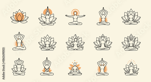 Elegant set of fifteen yoga pose icons in a minimalist line art style with orange circles represents holistic wellness and balance.