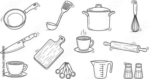 Assorted Kitchen Utensils and Cooking Items Doodle Set tools frying pan