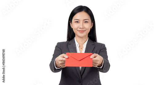 Smiling Asian Businesswoman Offering Red Envelope isolated PNG with Transparent Background