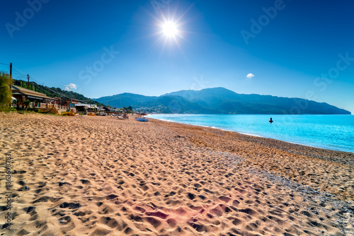 Canvas-taulu Georgios Beach with turquoise, view on Porto Timoni, tourist resort on island Corfu, holidays on Greek islands, Ionian Sea