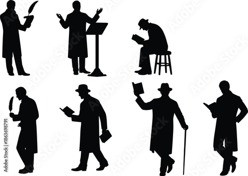 Silhouettes of Historical Scholars and Writers in Thoughtful Poses