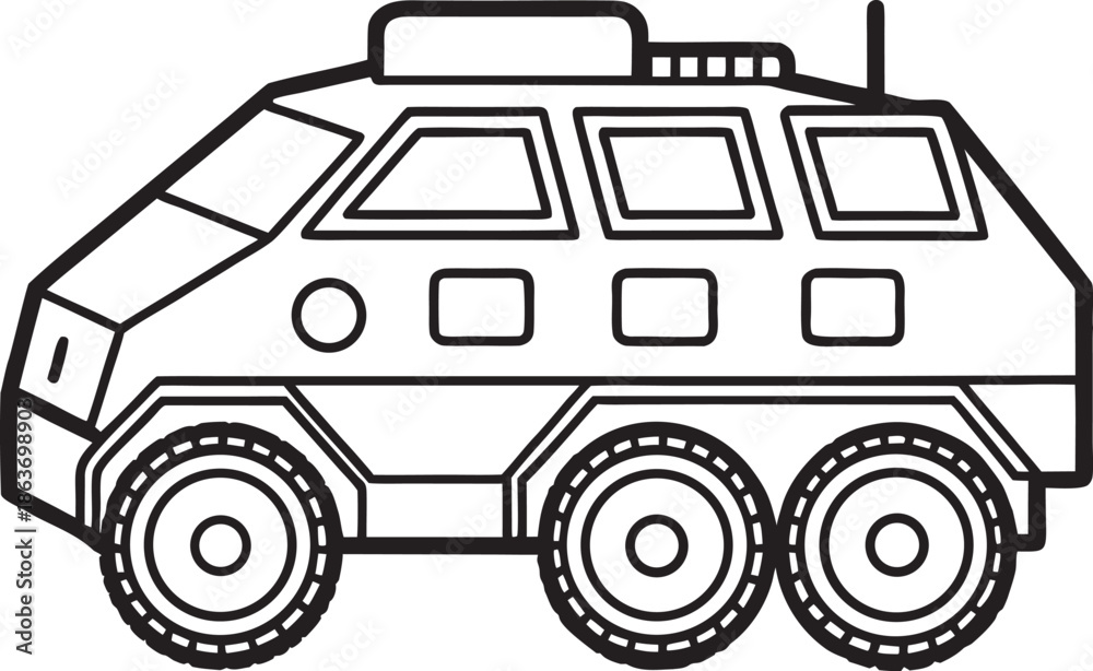 Obraz premium Black and White Line Art Illustration of a Six-Wheeled Armored Vehicle
