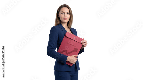 Confident Businesswoman in Navy Suit Holding Red Folder with Upward Arrow isolated PNG with Transparent Background