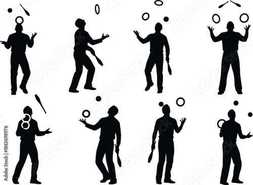 Silhouettes of Jugglers Performing with Clubs, Rings, and Balls