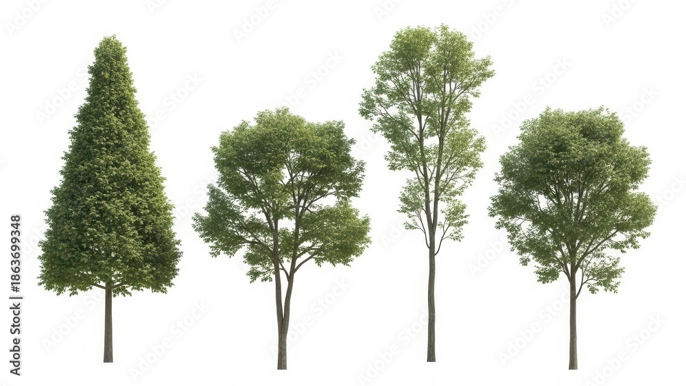 Obraz premium Trees Isolated on White Diverse Green Trees, Cutout, PNG for Design