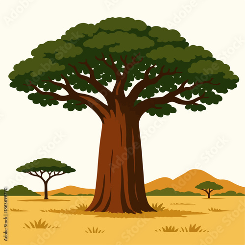 illustration of a baobab tree in the African savanna