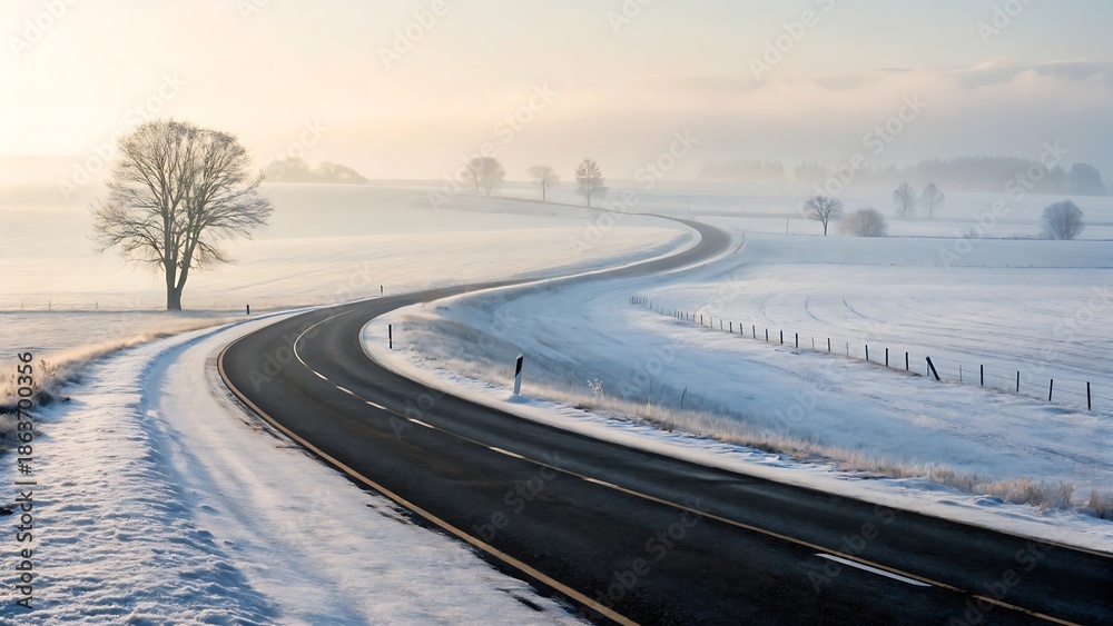 Obraz premium Winding road through snowy hills in winter mist with lone tree