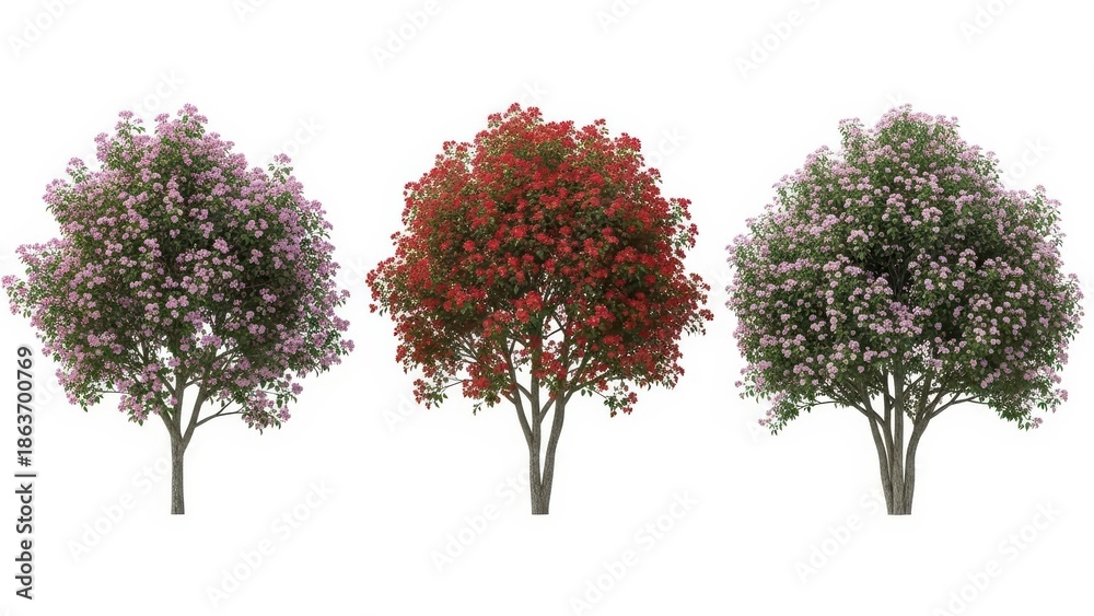 Obraz premium Colorful Trees on White Background Ornamental Plants, Seasons, Spring, Summer, Isolated