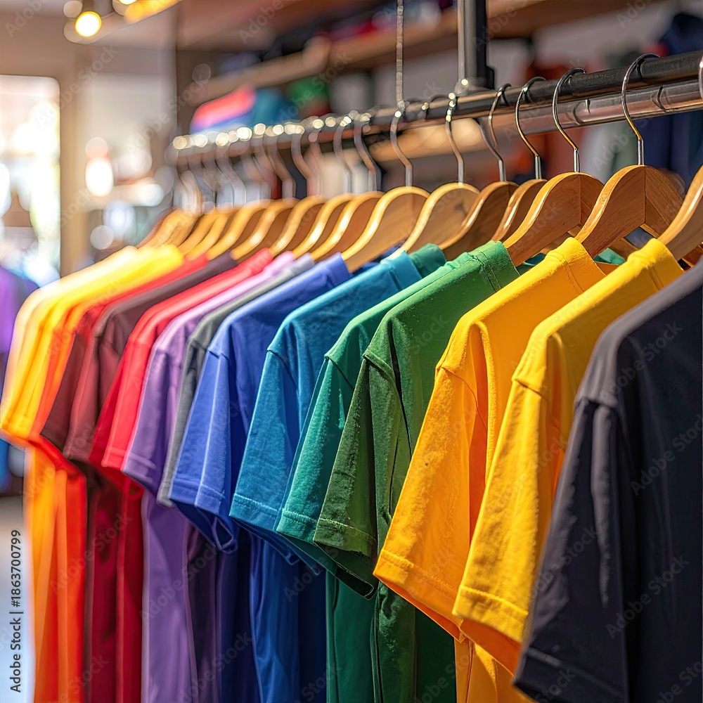 Fototapeta premium Row of vibrant, rainbow-colored T-shirts hanging in a clothing store