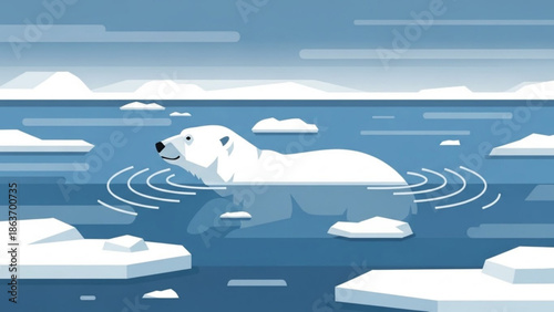 Polar Bear Swimming in Arctic Ocean among Icebergs, Cartoon Style