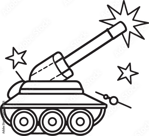 Cartoon Tank Firing a Missile with Stars and Explosions, Line Art