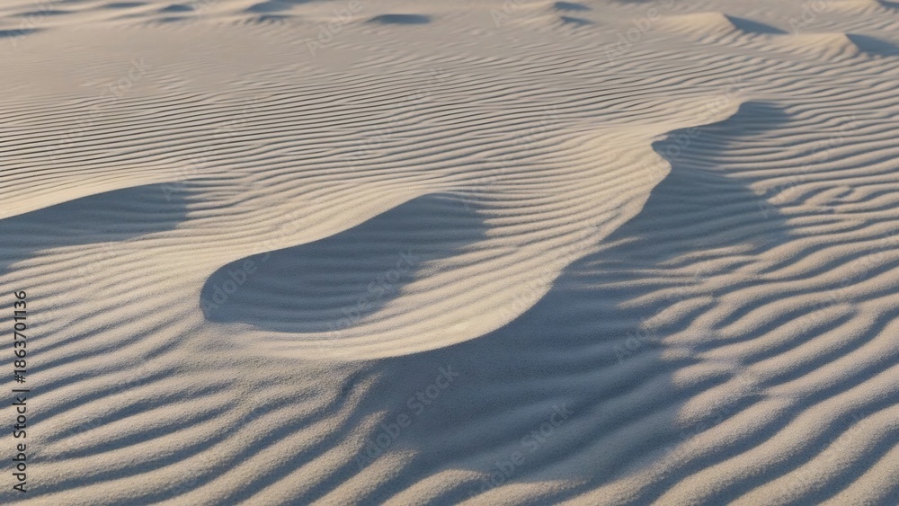 Obraz premium Close-up view of desert sand dunes with shadows and textures under sunlight.