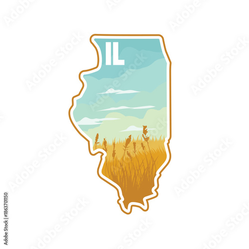 Illinois Prairie Scenery with Blue Sky and Map Border Perfect for Print, Apparel, Sticker, etc
