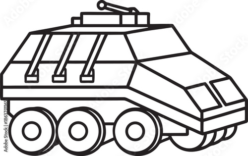 Futuristic six-wheeled vehicle with antenna and angled windows, line art