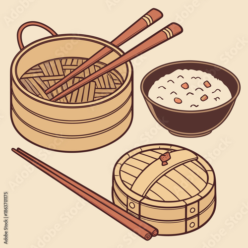 Asian Cooking Utensils Vector Collection with Wok and Chopsticks