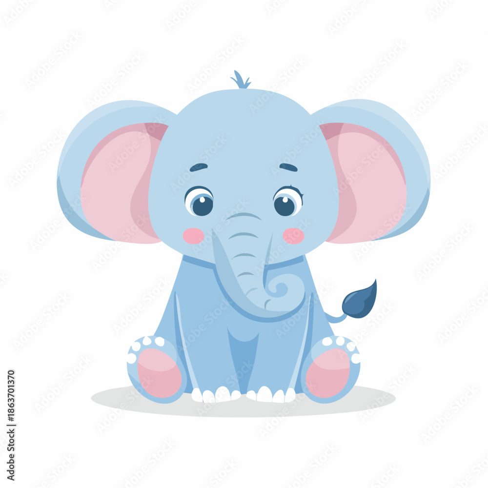 Fototapeta premium Adorable cartoon baby blue elephant sitting on the floor.