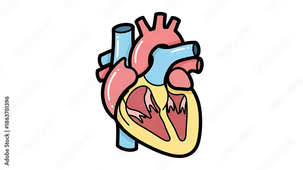 Obraz premium Vibrant anatomical illustration of the human heart, meticulously depicting its internal chambers, major arteries, and veins, ideal for educational resources and health-related content