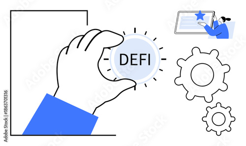 Decentralized finance, blockchain systems, cryptocurrency, fintech, innovation, digital economy. A hand holds a DeFi token next to gears and a person interacting with a digital star. Decentralized