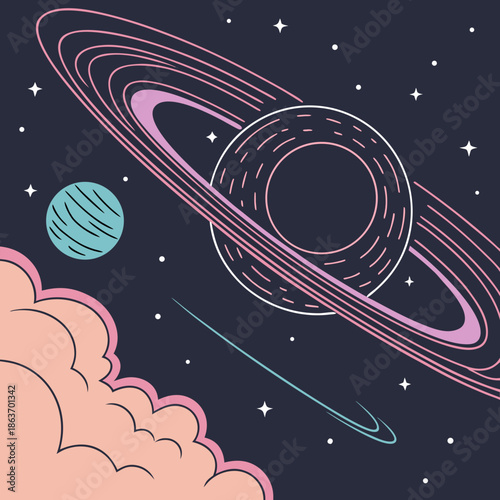 Celestial Space Elements Icon Set with Black Hole and Nebula