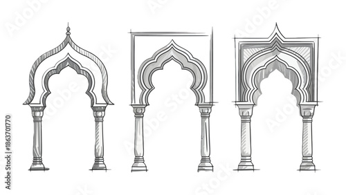 Indian Archway Sketches: Architectural sketch detailing intricately carved archways, capturing their grandeur and aesthetic appeal.