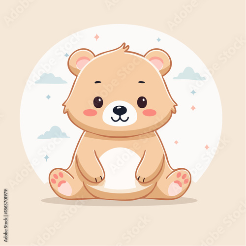Cute cartoon bear sitting on the floor with a friendly expression.