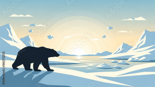 Polar Bear Walking on Iceberg during Sunset in Arctic Landscape