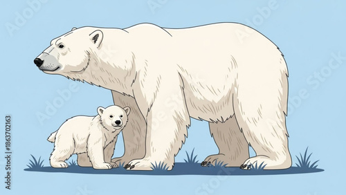 Polar Bear and Cub Walking on Grass against Blue Background