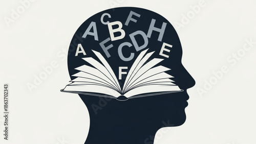 Human Head with Open Book and Letters Inside, Symbolizing Learning and Knowledge