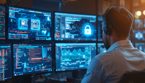 A man in a white shirt sits in front of multiple computer monitors displaying various data and security screens.