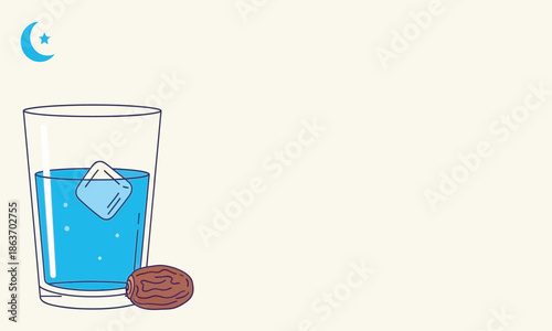 An illustration of a glass of iced water and a single date fruit, with a small blue crescent moon and star icon in the upper corner on a cream background.