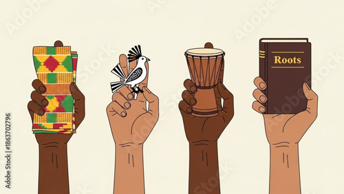 Four hands holding cultural symbols, a wrapped object, a bird, a drum and a book titled roots, representing heritage and diversity with identity