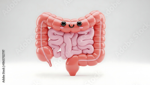 Adorable 3D illustration of a human digestive system with a cheerful face, representing health and wellness